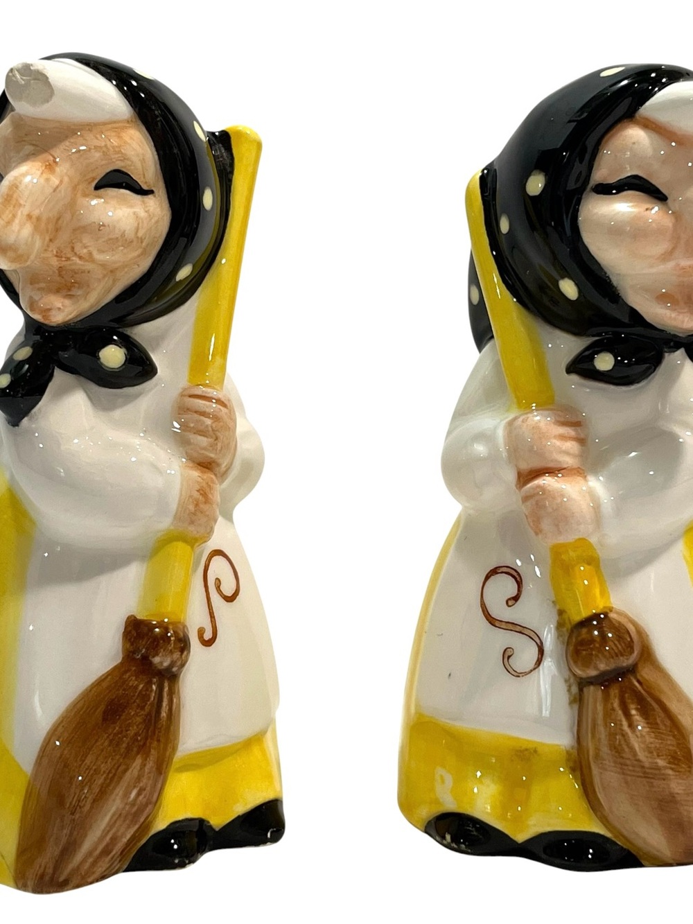 Vintage 1970s Scandinavian Good Luck Ceramic Kitchen Witch Salt Pepper Shakers